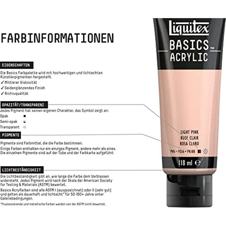 Liquitex 8870046 Basics Acrylfarbe, mittlere Viskosität, leichtecht und archivqualität, seidenglänzender Finish, 118ml Tube - Portraitrosa Hell – Bild 2