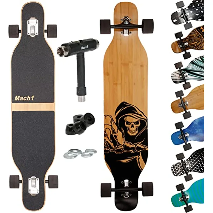 Mach1 Bambus Longboard mit Keramik Kugellager + T-Tool - Skateboard Drop Through Cruiser Komplettboard (Death)