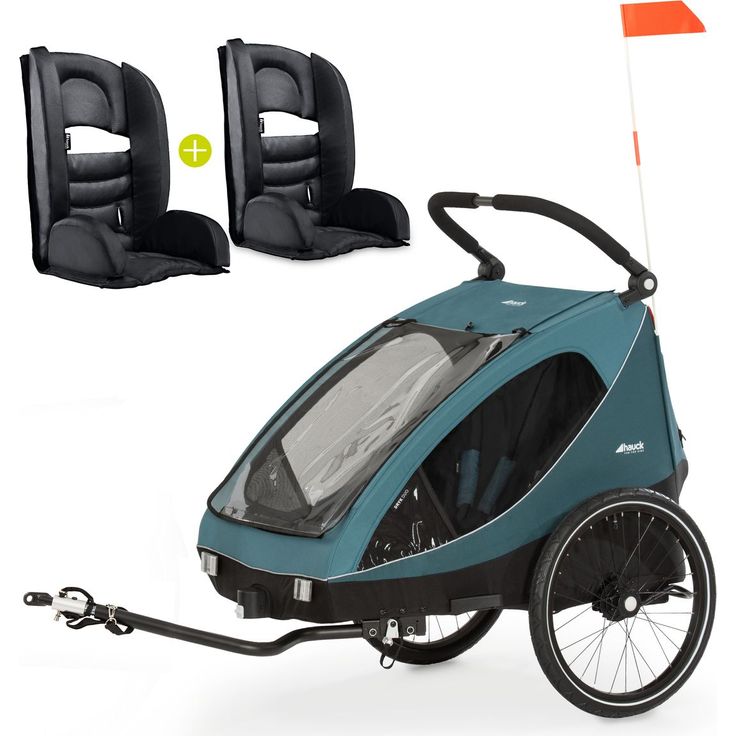 Hauck Dryk Duo 2in1 Fahrradanhänger Sparset für 2 Kinder bis 44 kg, inkl. 2 Sitzpolster, Ocean Green