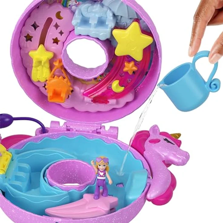 Polly Pocket-Puppen und -Spielsets, 12 Zubehörteile, Einhornfloß-Schatulle mit Wasserspaß und 2 Teilen mit Farbwechseleffekt, HKV34 – Bild 5