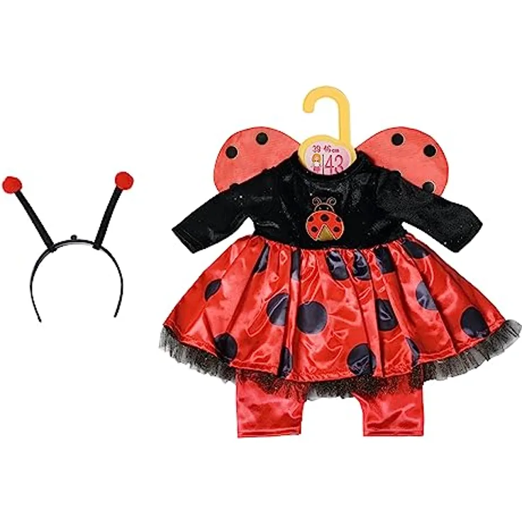 Zapf Creation, Puppenkleidung, Puppenkostüm, Dolly Moda Outfit 43cm, Marienkäfer Kostüm für Puppen bestehend aus Kleid mit Flügeln, Hose, Haarreif und Kleiderbügel, 871492