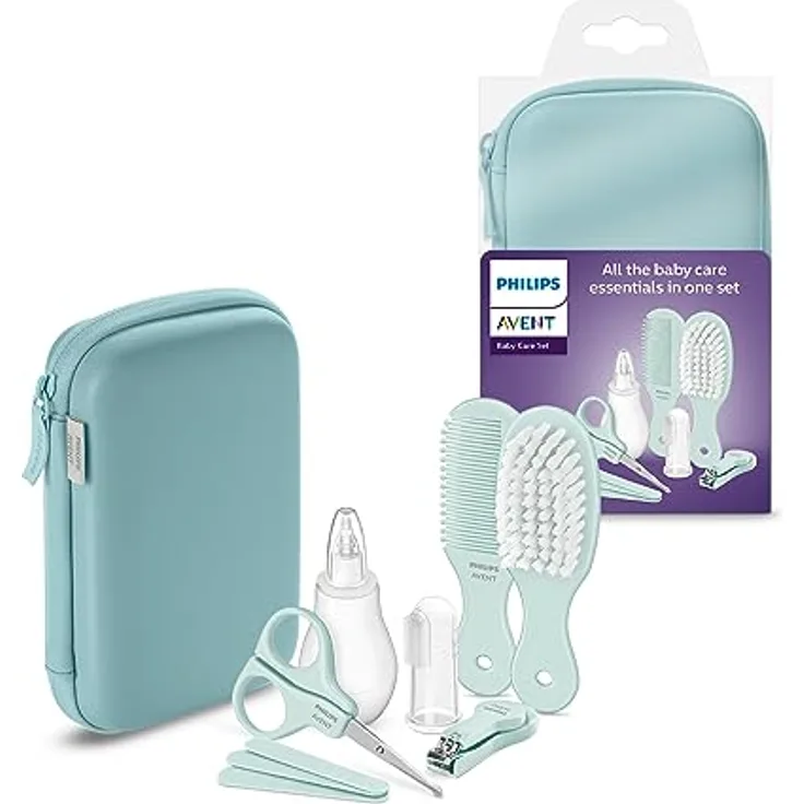 Philips Avent Babypflegeset SCH401/00, Kompakt mit Nagelzange, Schere, 3 Feilen, Kamm, Haarbürste, Nasensauger und Fingerzahnbürste