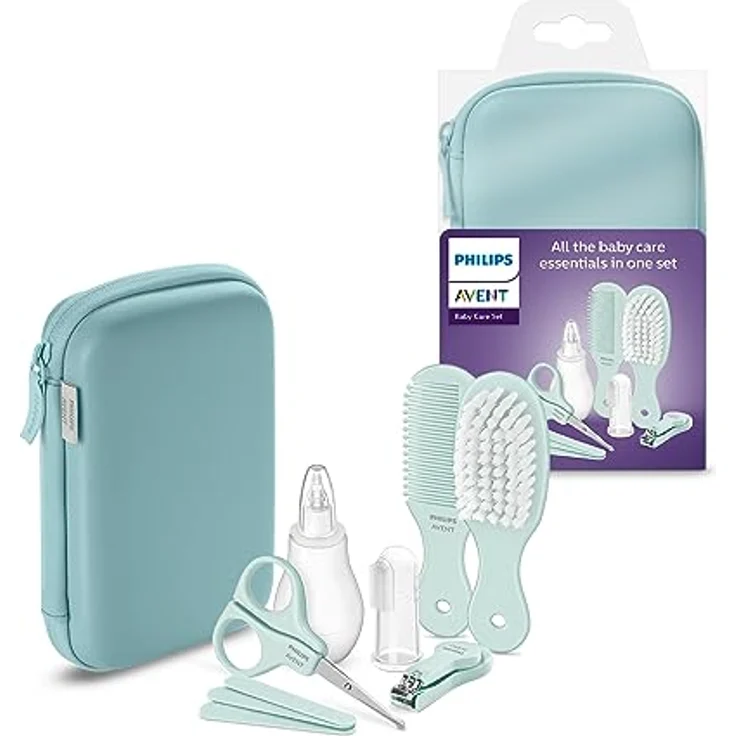 Philips Avent Babypflegeset SCH401/00, Kompakt mit Nagelzange, Schere, 3 Feilen, Kamm, Haarbürste, Nasensauger und Fingerzahnbürste – Bild 1