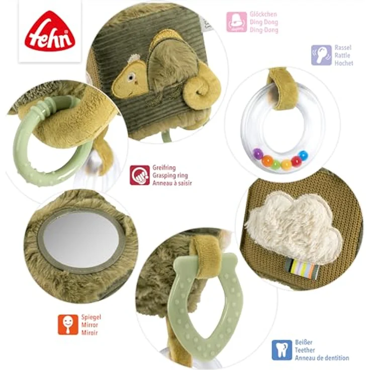 Fehn Activity-Würfel Chamäleon, Greifspielzeug mit Perlen-Rassel, Softbeißer und C-Ring, pink – Bild 3