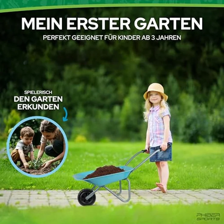 PHIBER-SPORTS Schubkarre Kinder aus Metall mit Gartenwerkzeug Set – inkl. Schaufel, Kinderbesen, Kinderrechen, Laubrechen, wetterfeste Sticker – perfekt für Garten & Strand – Bild 5