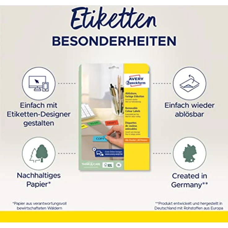 AVERY Zweckform L4793-20 Gelbe Etiketten (1.300 Aufkleber, 38,1x21,2 mm auf A4, wieder rückstandsfrei ablösbar, selbstklebende Farbetiketten, Papier matt, bedruckbare, farbige Klebeetiketten) 20 Blatt – Bild 2
