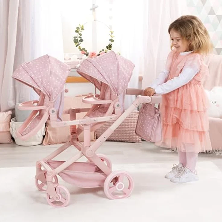 Bayer Design Zwillingspuppenwagen Twin XEO, Tandem Puppenwagen mit höhenverstellbarem Griff und Sonnendach, für Puppen bis 46 cm – Bild 4