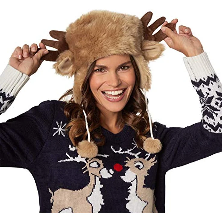 dressforfun 303998 Unisex kuschelige Weihnachtsmütze in Felloptik, mit Rentier Geweih und Ohren, braun – Bild 2