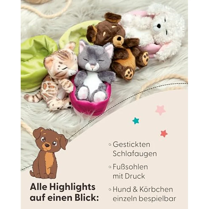 NICI Kuscheltier Hund braun 12cm schlafend im Körbchen, nachhaltig aus recycelten Materialien, ideal als Geschenk – Bild 4