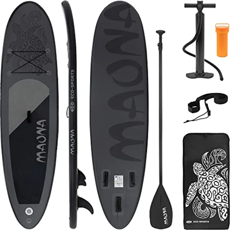 ECD Germany Aufblasbares Stand Up Paddle Board Maona, 308 x 78 x 10 cm, Schwarz, PVC, bis 120 kg, inkl. Pumpe & Tragetasche, Komplettset mit Paddel und Zubehör