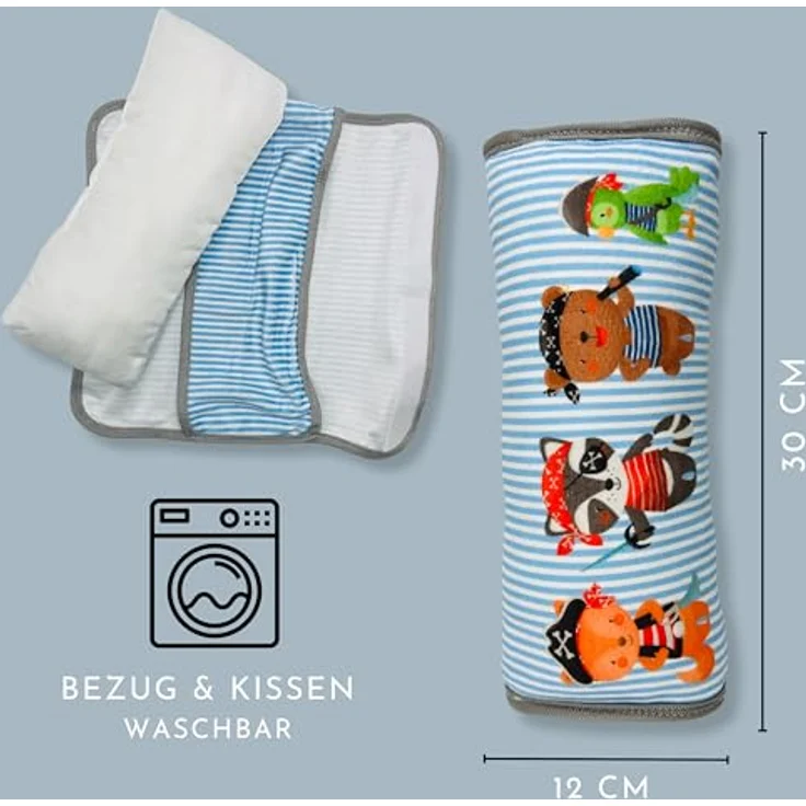 HECKBO Auto Schlafkissen Piraten Tiere Motiv für Kinder Mädchen Jungen - maschinenwaschbar – kuschelweich - Auto Gurtkissen, Gurtschoner, Gurtschutz Sitzerhöhung, Auto Kissen, Reisekissen, Urlaub – Bild 3