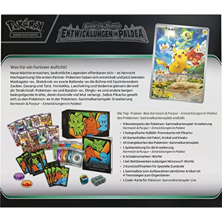 Pokémon-Sammelkartenspiel: Top-Trainer-Box Karmesin & Purpur – Entwicklungen in Paldea (9 Boosterpacks & Premium-Zubehör) – Bild 3