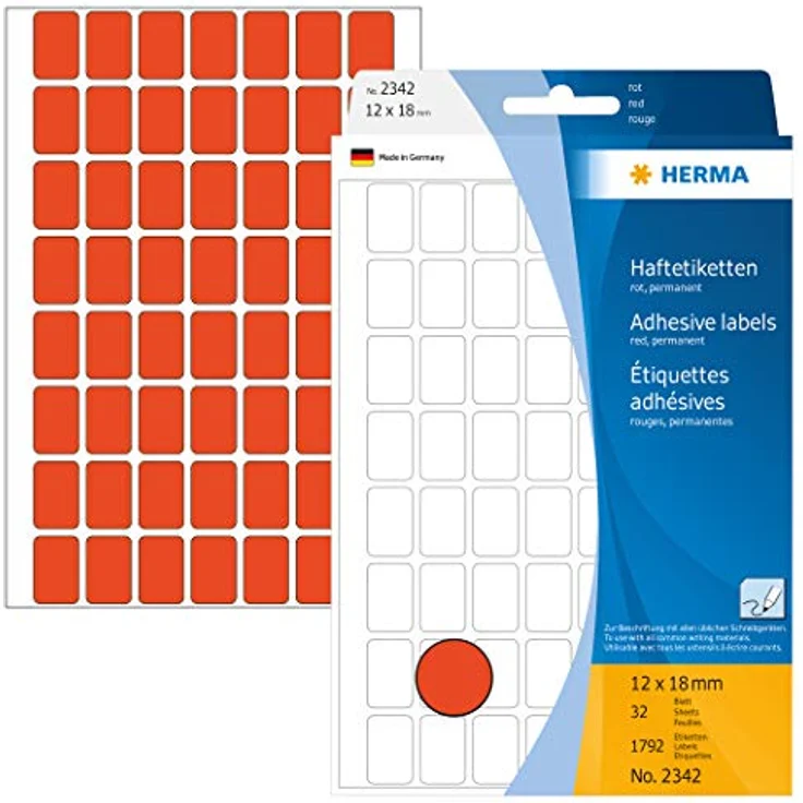 HERMA 2342 Etiketten rot, 32 Blatt, 12 x 18 mm, 56 pro Bogen, 1792 Aufkleber, selbstklebend, Vielzweck Klebeetiketten zum Beschriften, Universal Haftetiketten aus Papier, blanko – Bild 1