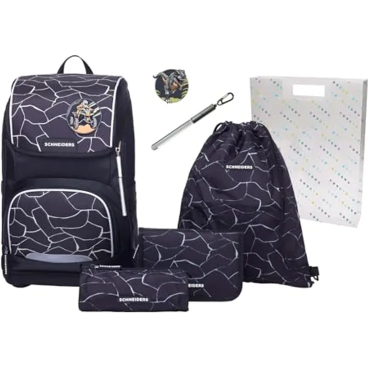 Schneiders Ergoplus 2in1 Schulranzen Set, 7-teilig, 22L, ergonomisches Tragesystem, reflektierende Elemente, LED-Leuchtstab, Dark Hunter schwarz