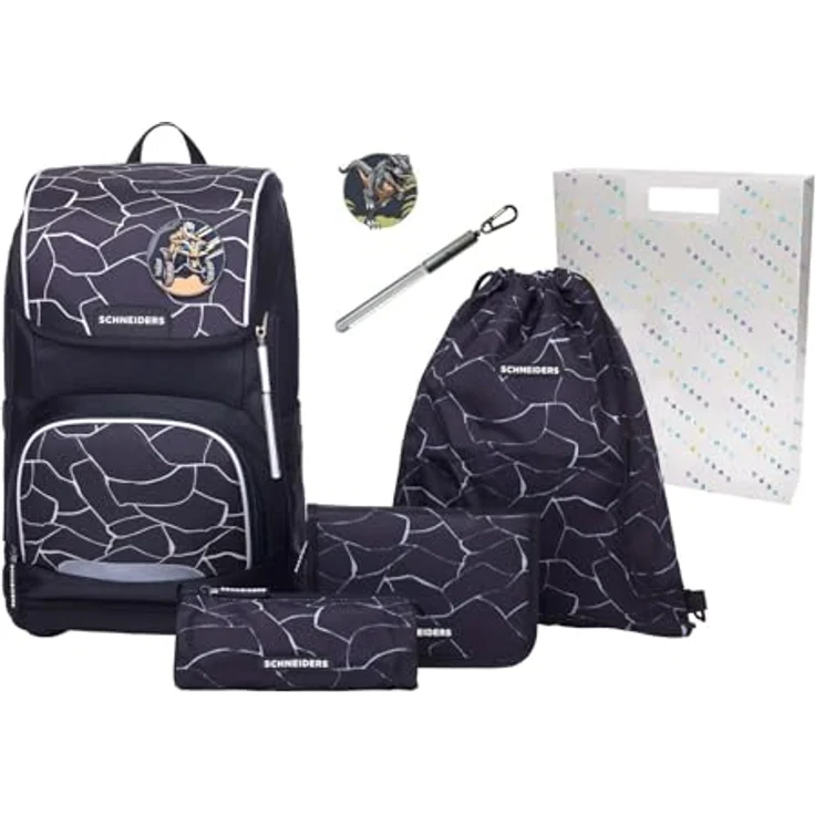 Schneiders Ergoplus 2in1 Schulranzen Set, 7-teilig, 22L, ergonomisches Tragesystem, reflektierende Elemente, LED-Leuchtstab, Dark Hunter schwarz – Bild 1
