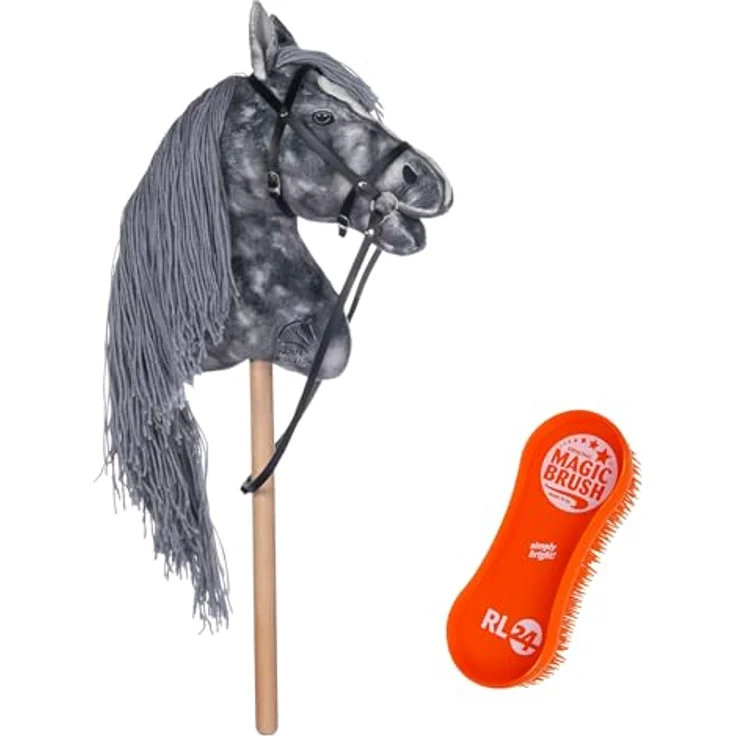 RL24 Hobby Horse Clara, Steckenpferd aus Plüsch mit Trense, 40 cm Holzstock, ohne Griffe & Rollen, grau, inkl. MagicBrush – Bild 2