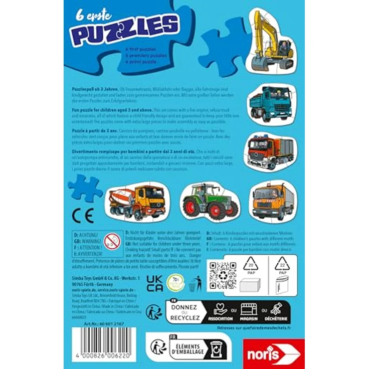 Noris 606012167 - 6 erste Puzzles: Fahrzeuge, Kinderpuzzle mit großen Teilen für Kleinkinder ab 3 Jahren, ideal zur Förderung von Feinmotorik und Hand-Auge-Koordination, Weiß – Bild 2