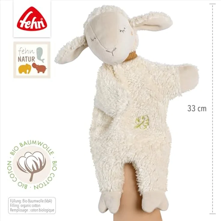 Fehn Handpuppe Schaf NATUR – Spielkamerad, Einschlafhilfe & Stofftier-Schnuffeltuch aus Bio-Baumwolle (kbA), 33 cm, für Babys ab 0+ Monaten – Bild 4