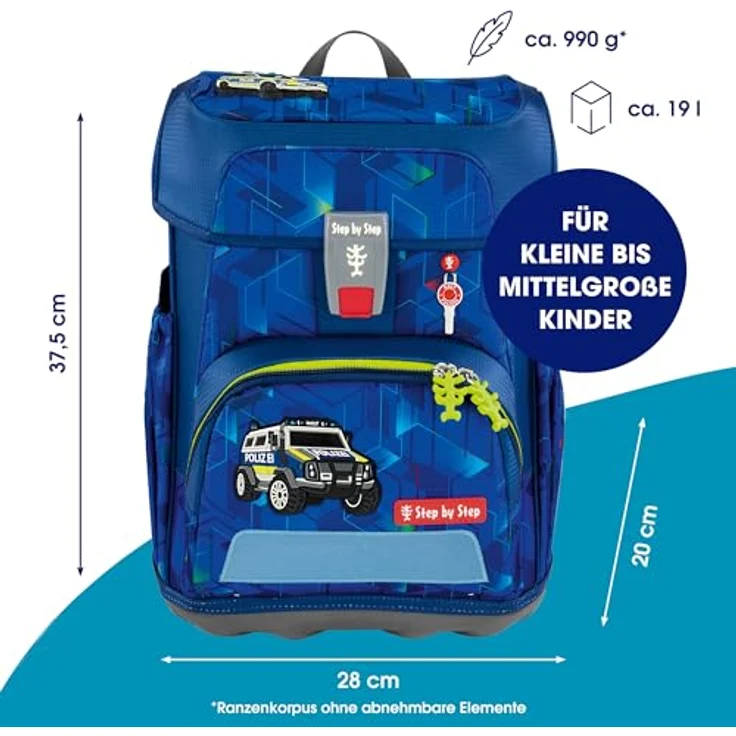 Step by Step Schulranzen-Set Cloud „Police Truck Charly“, 5-teilig, ergonomischer Tornister mit Reflektoren, höhenverstellbar mit Hüftgurt, blau, für Jungen ab der 1. Klasse, 19L – Bild 2