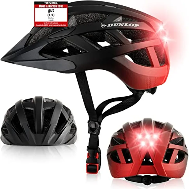 Dunlop Sports Fahrradhelm mit Licht-Sofort gesehen Werden-Ultraleichter Spezial Damen Herren Kinder Fahrrad Helm mit Visier und Rücklicht für hohe Sicherheit-Urban Helm (Schwarz/Rot, M (55-59 cm))