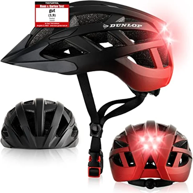 Dunlop Sports Fahrradhelm mit Licht-Sofort gesehen Werden-Ultraleichter Spezial Damen Herren Kinder Fahrrad Helm mit Visier und Rücklicht für hohe Sicherheit-Urban Helm (Schwarz/Rot, M (55-59 cm)) – Bild 1