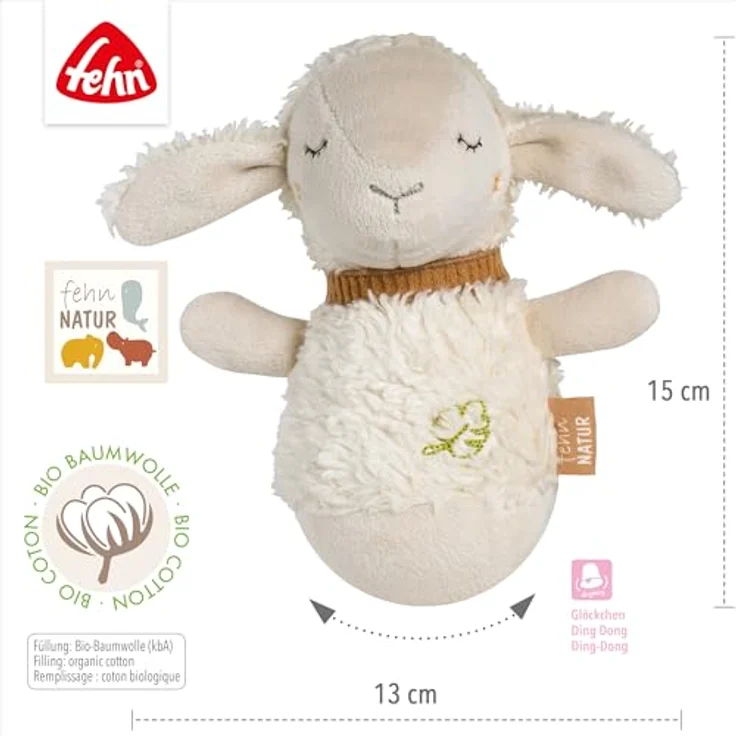 Fehn fehnNATUR Schaf Mini-Stehauf, Greifling aus Biobaumwolle (kbA) mit Glöckchen, Ecru, für Babys ab 0 Monaten – Bild 4