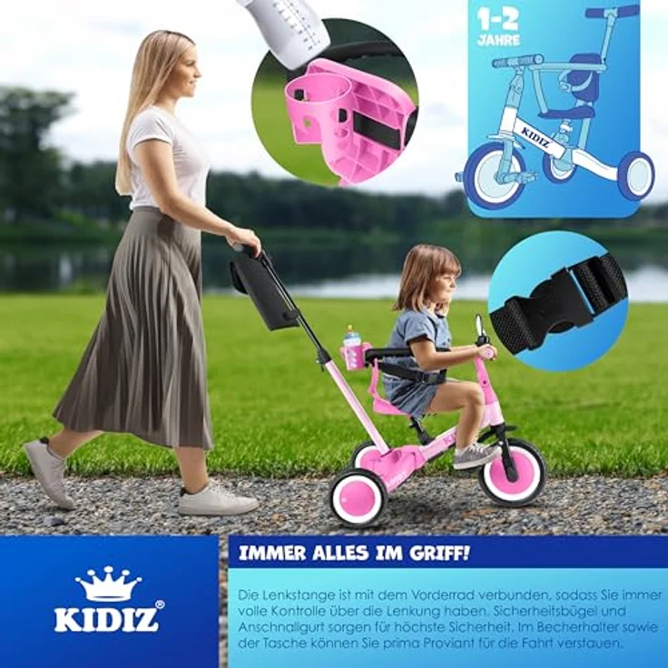 KIDIZ® 6in1 Laufrad Dreirad Rosa | Lauffahrrad Kinder ab 1-5 Jahre | Sicherheitsbügel Sicherheitsgurt Klingel & Spiegel | Wachstumsanpassung & Straßentauglichkeit – Bild 3