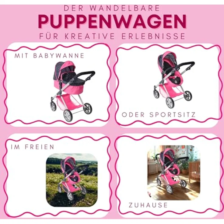 Bayer Chic 2000 Puppenwagen Mila, 2in1 Kombi-Puppenwagen, beidseitig steckbar, ergonomisch höhenverstellbarer Schiebegriff, Sternchen Navy – Bild 4
