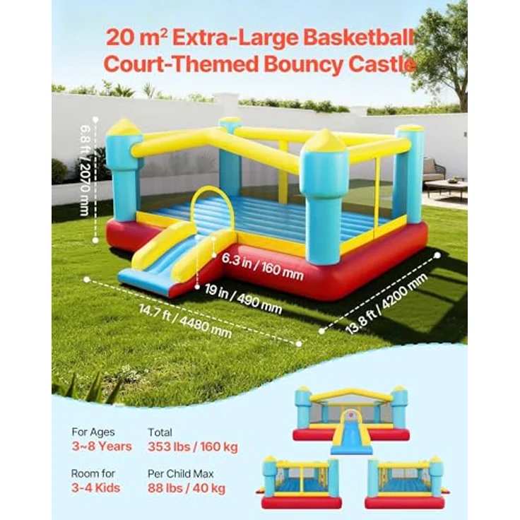 VEVOR Aufblasbare Hüpfburg, 448 x 420 x 207 cm mit Rutsche, Basketballkorb & Zielspiel, Platz für 3-4 Kinder (3-8 Jahre), farbenfrohes Design für Outdoor & Indoor Party – Bild 2