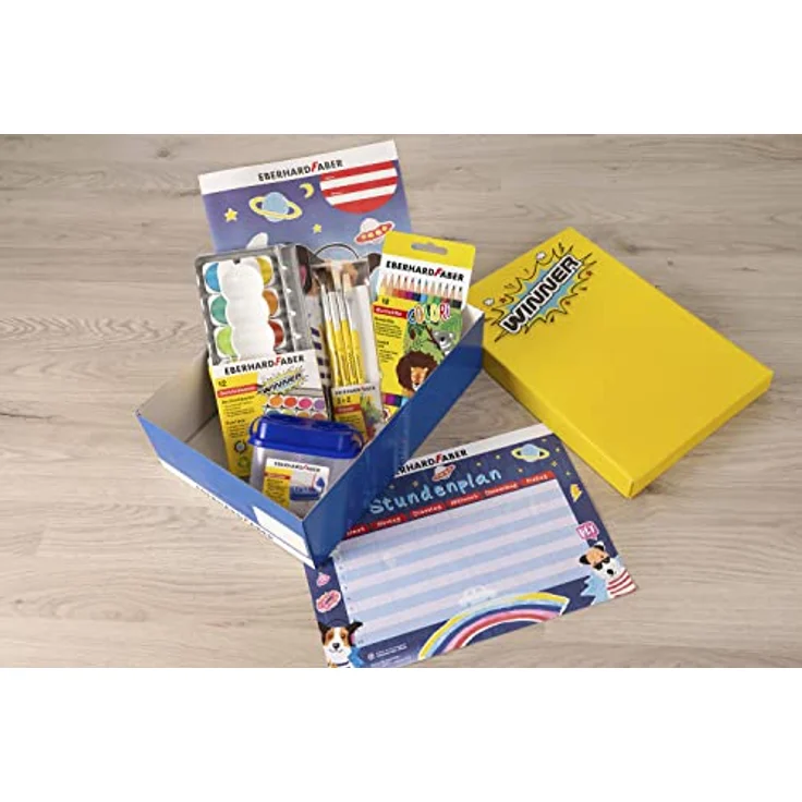 Eberhard Faber Schulstarter Box 560141, inklusive Colori Buntstiften, Winner Deckfarbkasten, A4 Zeichenblock, Wasserbox und Pinsel Set in Blau – Bild 2