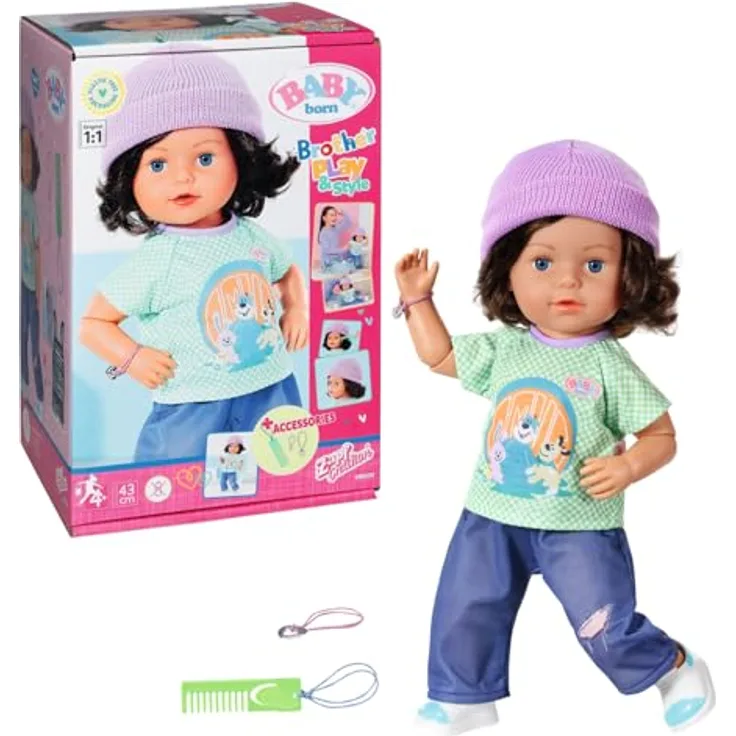 BABY born Brother Play & Style 43cm, Jungenpuppe mit Haaren und 7 lebensechten Funktionen ohne Batterien, inkl. Outfit und Zubehör, beweglicher Kopf, Arme, Beine und Hüfte, 835418, Zapf Creation