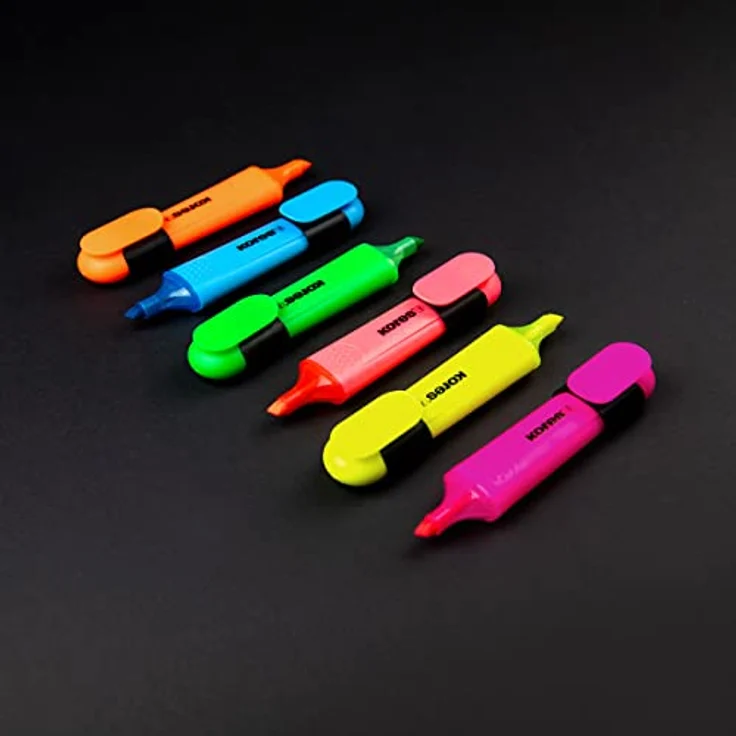 Kores TM36160 Textmarker 6er Set, 6 Farben (gelb/grün/orange/pink/rot/blau), wasserbasierte Tinte, auslaufsicher, abgerundete Form – Bild 3