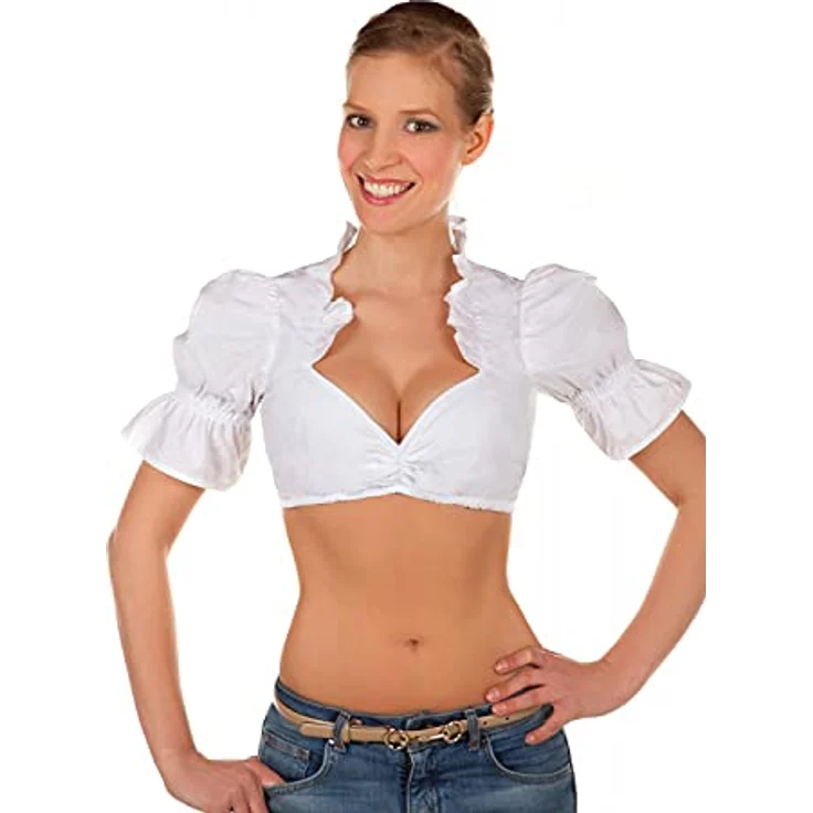 Edelnice Dirndlbluse mit Schnürung, Weiße Dirndlbluse mit Rüschen an Nacken und Dekolleté, Satinbänder für individuelle Einstellung – Bild 2