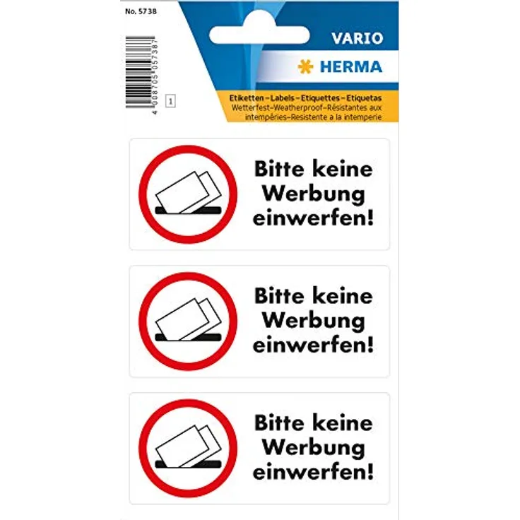 Hinweisetiketten Bitte keine Reklame einwerfen wetterfest - 1 Blatt mit 3 Etiketten