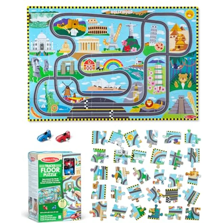 Melissa & Doug Bodenpuzzle aus Karton Schienen um die ganze Welt und aufziehbare Fahrzeuge – 48 Teile, für Jungen und Mädchen ab 3 Jahren