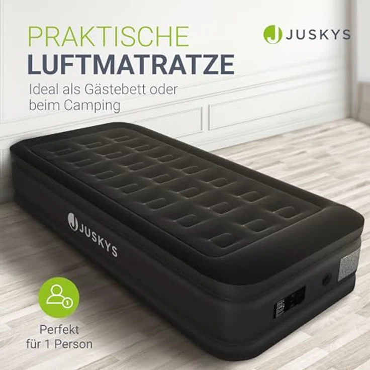 Juskys Luftmatratze Sapri M, Einzel-Luftbett, selbstaufblasend, wasserdicht, inkl. Pumpe, Tasche - Schwarz – Bild 2