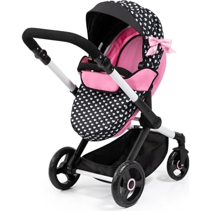 Bayer Design 17060AB Puppenwagen Xeo, Verstellbarer Griff, Schwenkschieber, Jogger, Schlafsack, Zubehör, Schwarz, Rosa – Bild 4