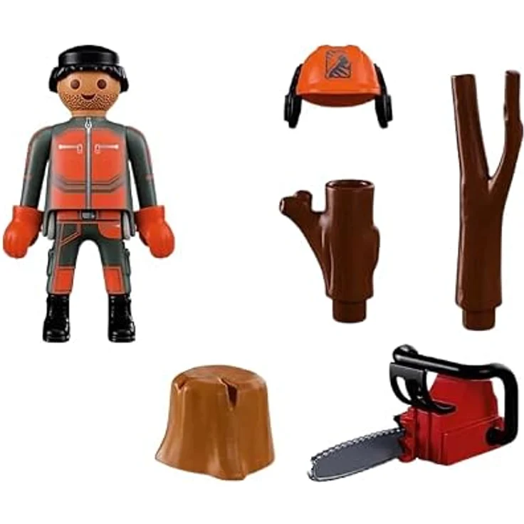 PLAYMOBIL Forstarbeiter mit Kettensäge, Holzfällerfigur mit grau-orangefarbener Uniform, Helm und Zubehörset für Abenteuer im Wald – Bild 2
