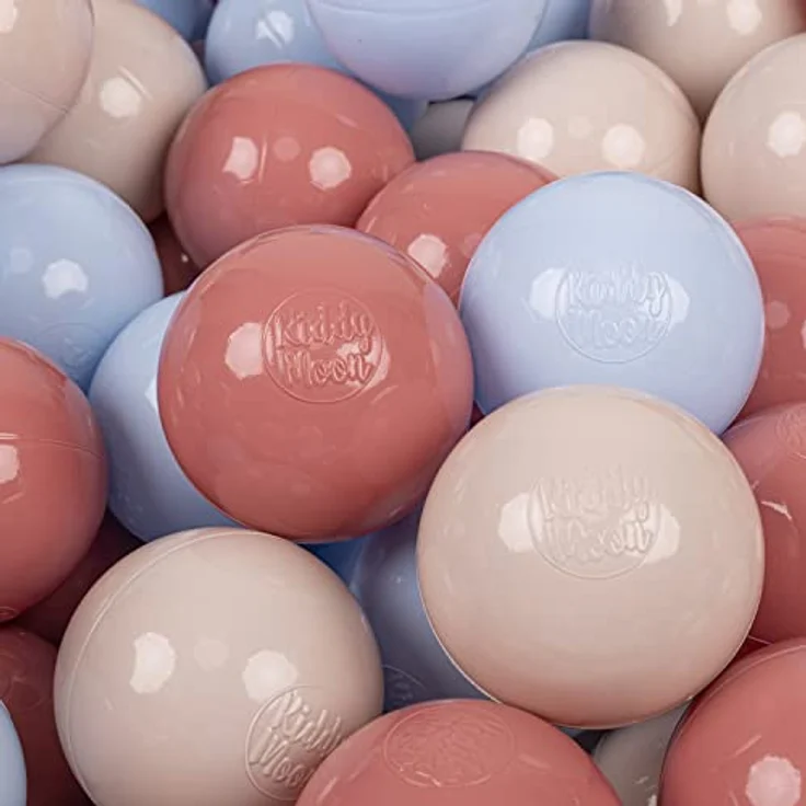 KiddyMoon 200 Bälle, 7 cm Einfarbige Plastikbälle für Bällebad, Pastellbeige/Pastellblau/Lachsfarben, BPA-frei, Made in EU – Bild 1