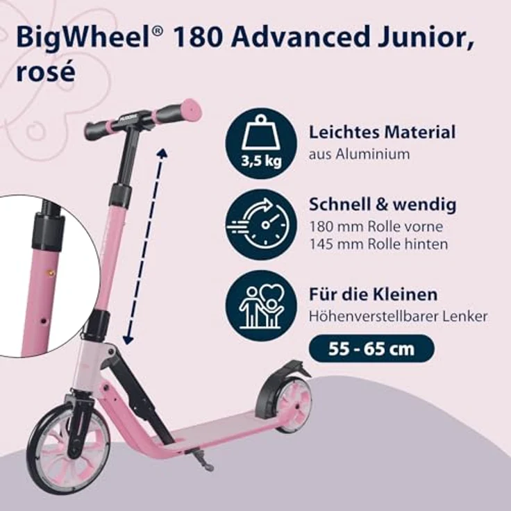 HUDORA BigWheel® 180 Advanced Junior - Rosé - Kinder Roller ab 3 Jahre - Höhenjustierbarer City Roller mit Reflektoren - bis 60 kg – Bild 2
