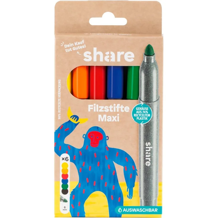 share Faserstift Filzstift Maxi, 6er-Set für Kinder, Grundfarben, 6 mm Strichstärke