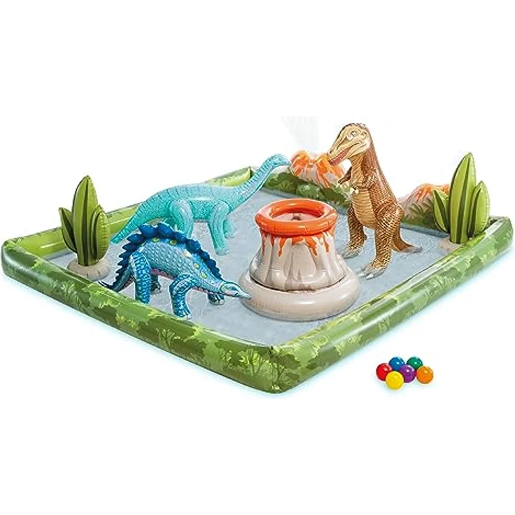 Intex Jurassic Adventure Aufblasbarer Kiddie Pool: Kinderpool mit Dinosauriern, Wassersprüher, Rutsche – inkl. FunBallz – 203,2 x 203,2 x 35,6 cm - ab 2 Jahren - bunt – Bild 1