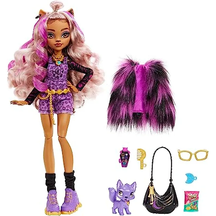 MATTEL Monster High Clawdeen - Puppe mit Animal-Print-Pullover und schaurig-schönem Longsleeve-Top und goldenem Schmuck, mit Haustierkatze Crescent, für Kinder ab 6 Jahren, HHK52