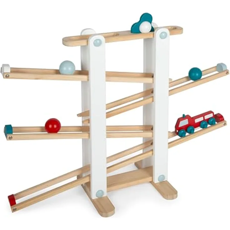 Small Foot Kugelbahn aus Holz XL Motorikspielzeug mit 3 Kugeln und Feuerwehrfahrzeug, naturfarben