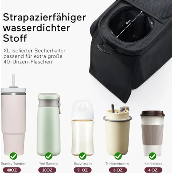 Momcozy Kinderwagen Organizer Universal mit Isolierten Getränkehaltern, Reißverschlusstasche und Schultergurt, Schwarz – Bild 4