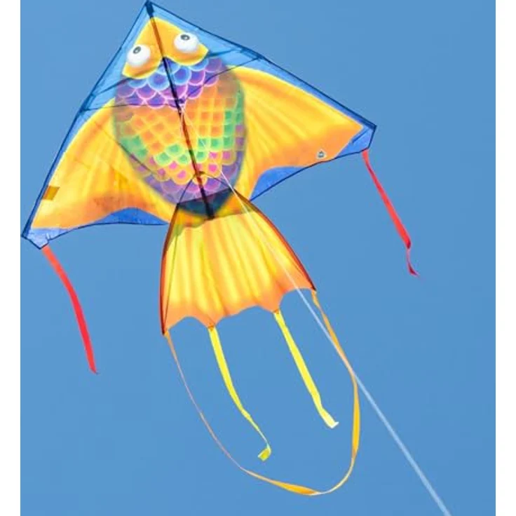 HQ Design Delta 140cm, Kinderdrachen Einleiner zum Steigen Lassen, für wenig Wind ab 5 Jahren, inkl. 17kp Polyesterschnur 40m, Regenbogenfisch Design – Bild 4