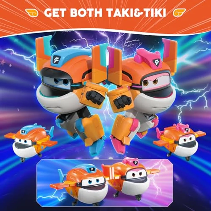 Super Wings Verwandlungsspielzeug Tiki & Taki, 2 in 1 Action Figur, 12,7 cm großes Flugzeug-Roboter-Spielzeug für Jungen und Mädchen ab 3 Jahren – Bild 2