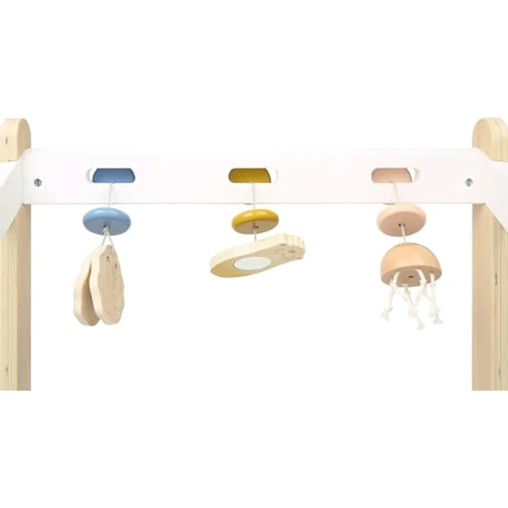 Small Foot Spielbogen Seaside, Baby-Spielbogen aus Holz in Rauchblau, Senfgelb und Altrosa, mit verschiedenen Reizen und Motorik-Elementen – Bild 2