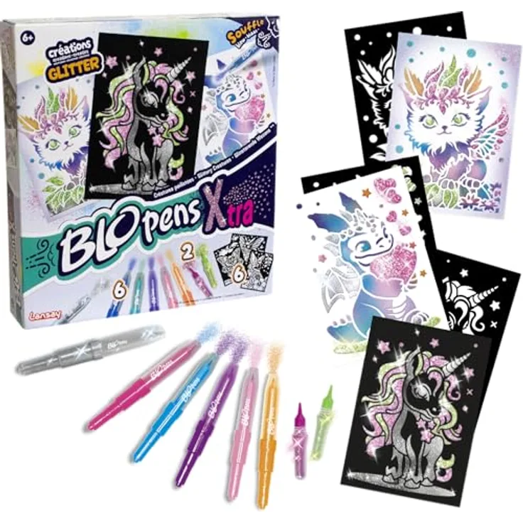 Blopens Kreativset Sprühstifteset X-TRA, Airbrush Effekt mit 6 Fantasietier-Schablonen und Glitzereffekt