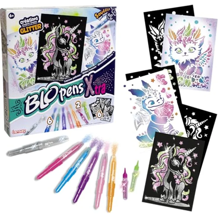 Blopens Kreativset Sprühstifteset X-TRA, Airbrush Effekt mit 6 Fantasietier-Schablonen und Glitzereffekt – Bild 1